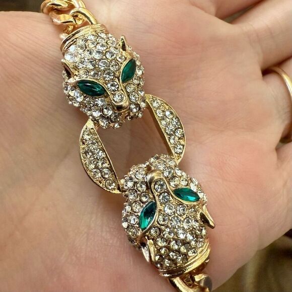 White Diamond Simulated Green Emerald Glass Leopard Head Link Gold Necklace - Picture 4 of 7